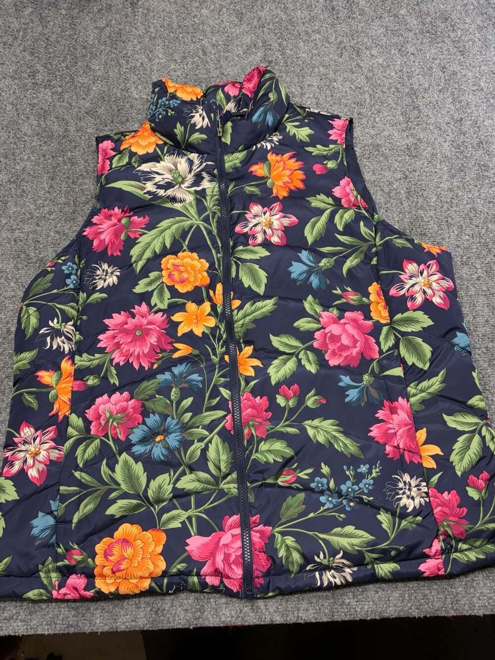 Land's End Women's Navy Floral Down Vest Full Zip Lightweight Sz 1X-16W-18W-EUC
